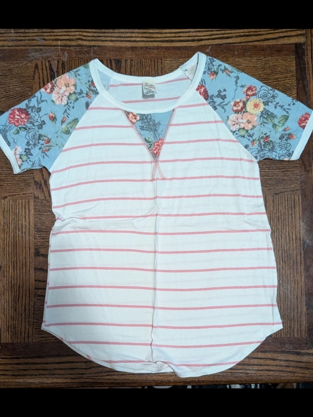 7th Ray White Tee with Pink Stripes and Blue Floral Raglan Sleeves